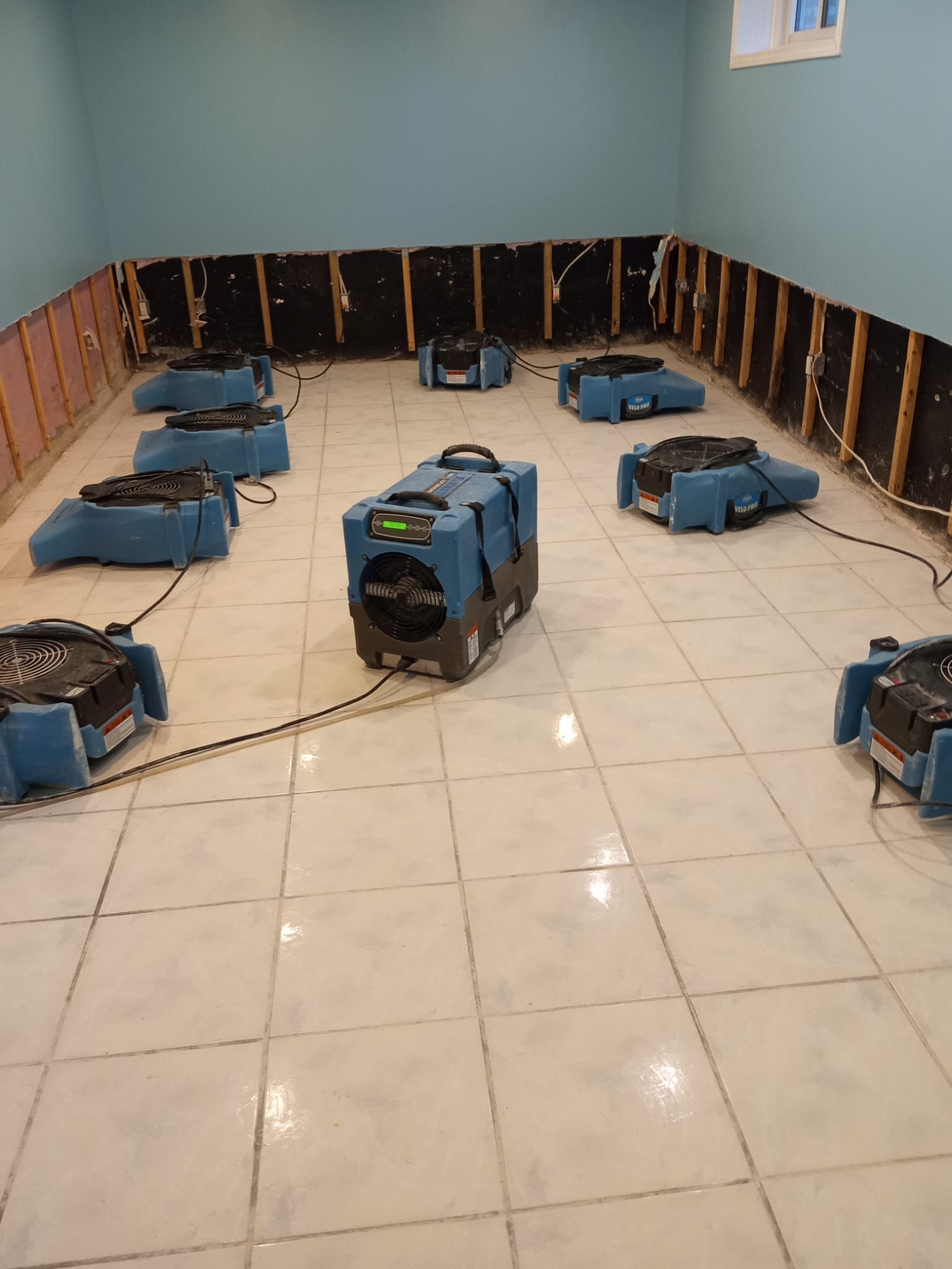 Industrial air movers deployed on tile floor